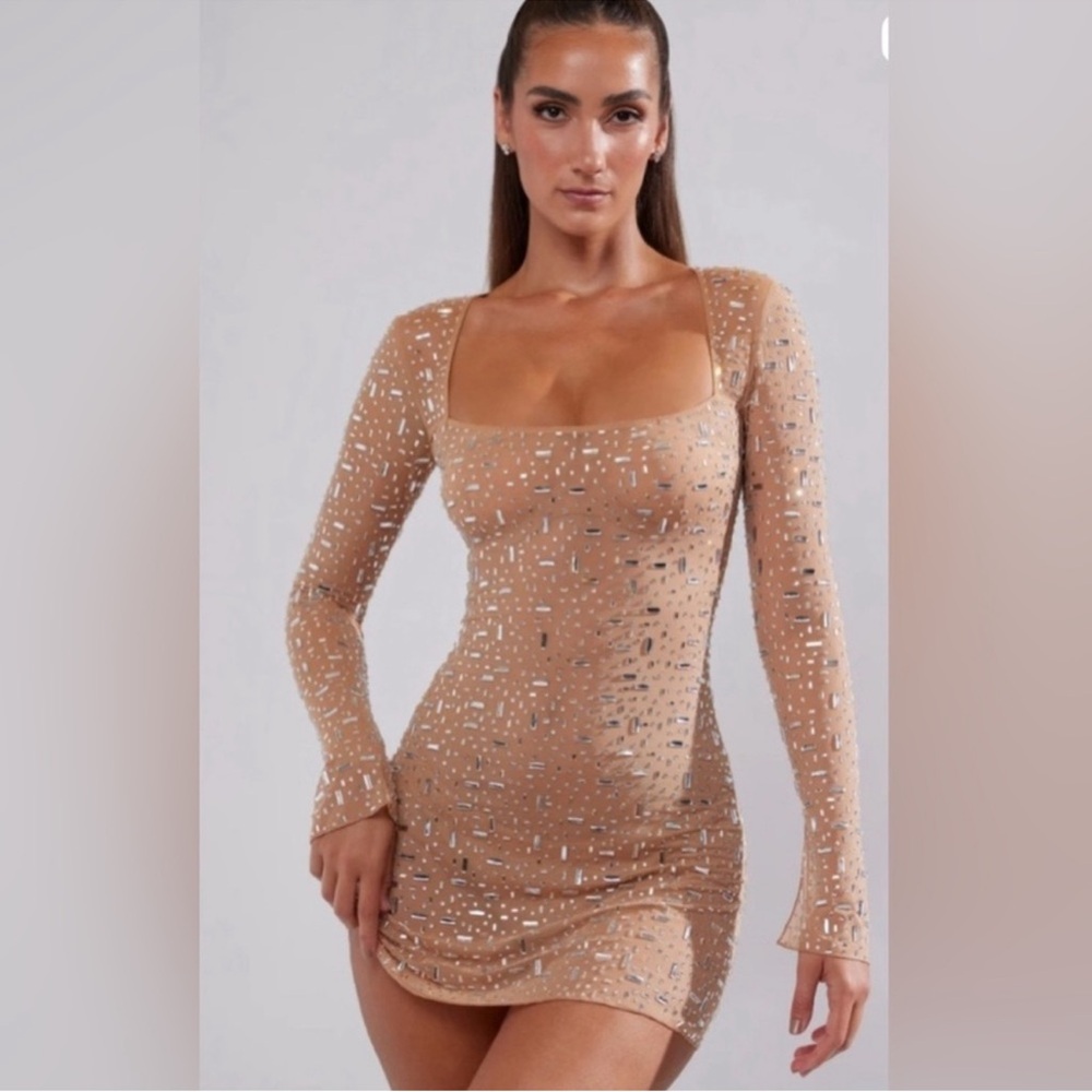 Oh Polly Sheer Embellished Long Sleeve A-Line Dress